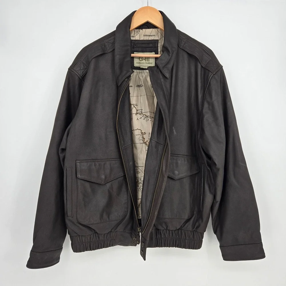 GIII G3 Mens L Brown Bomber Flight Jacket Full Zip Pockets Cool Classic Map‎